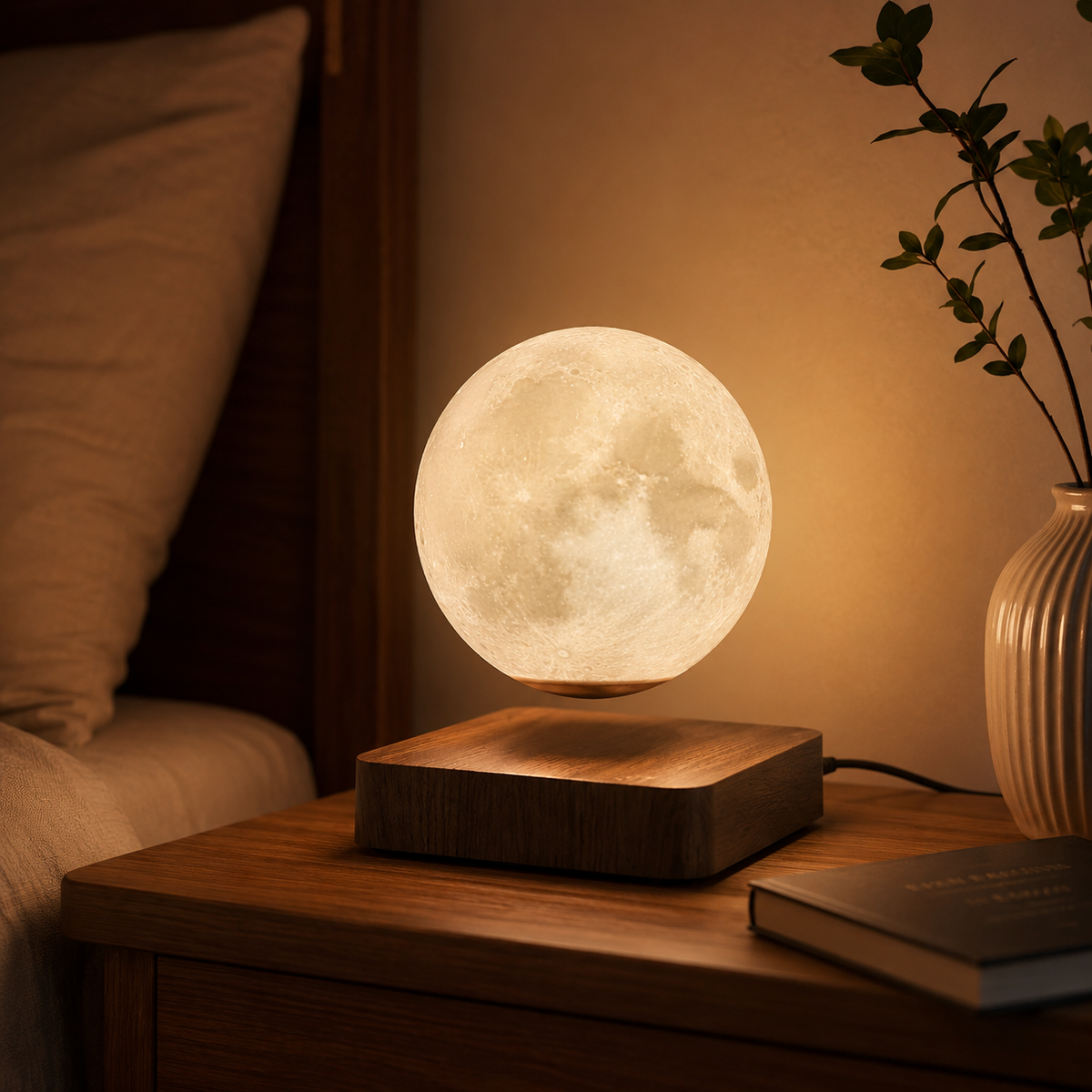 Levitating Moon Lamp with Wood Base
