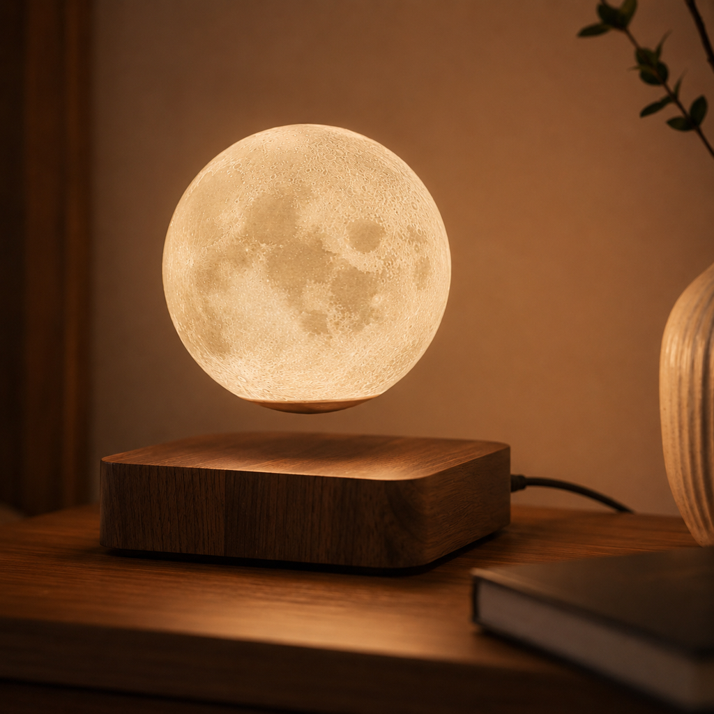 Levitating Moon Lamp with Wood Base