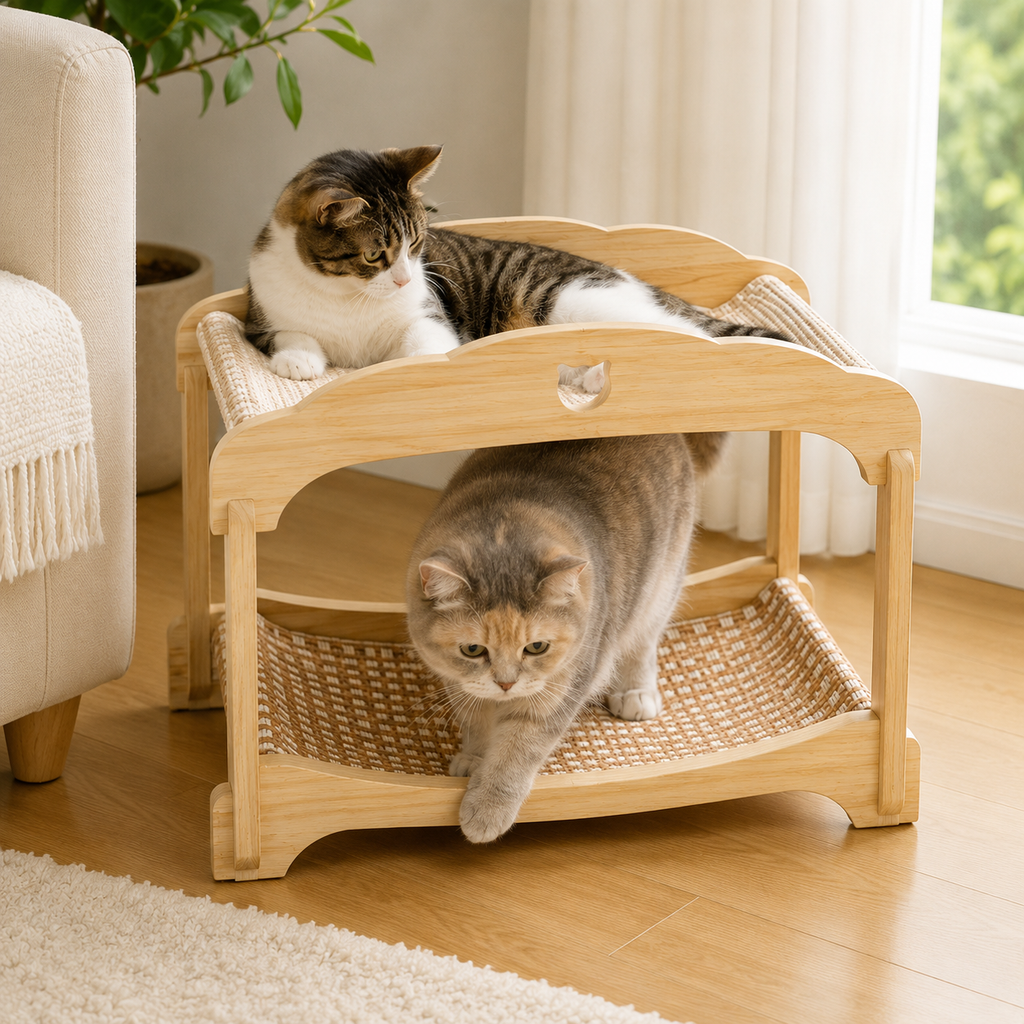 2-Tier Wooden Cat Hammock Bunk Bed