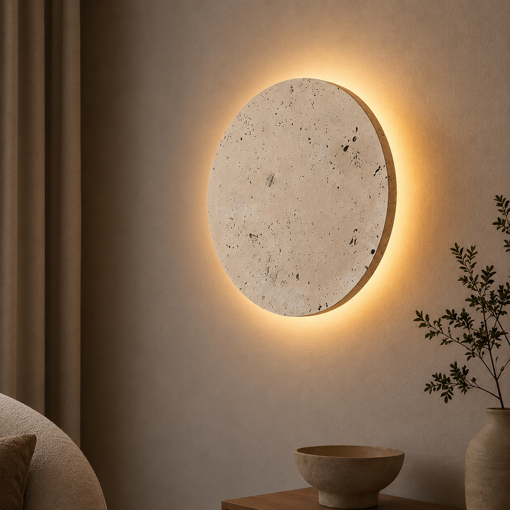 Backlit Travertine Disc Wall Sconce