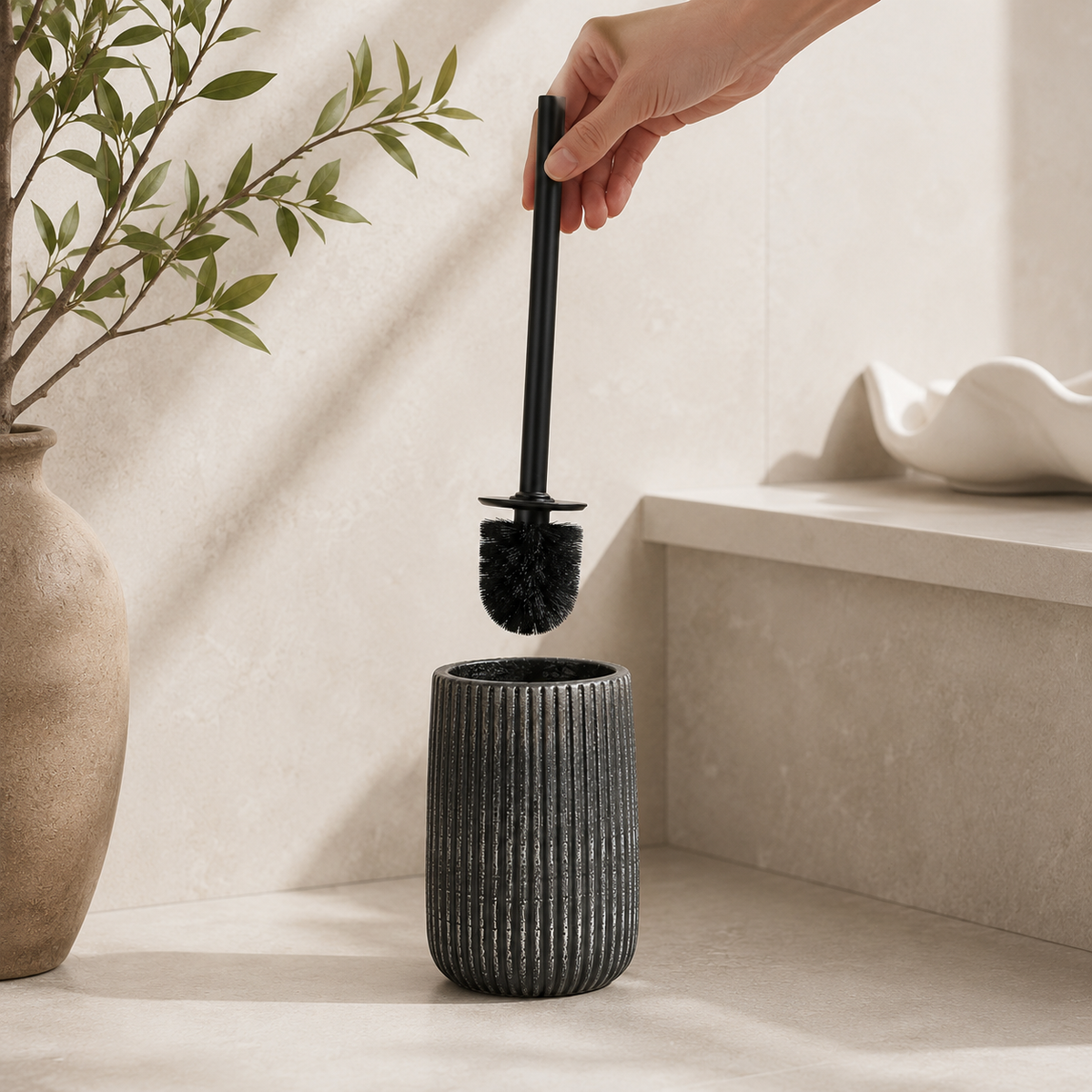 Ribbed Ceramic Toilet Brush & Holder