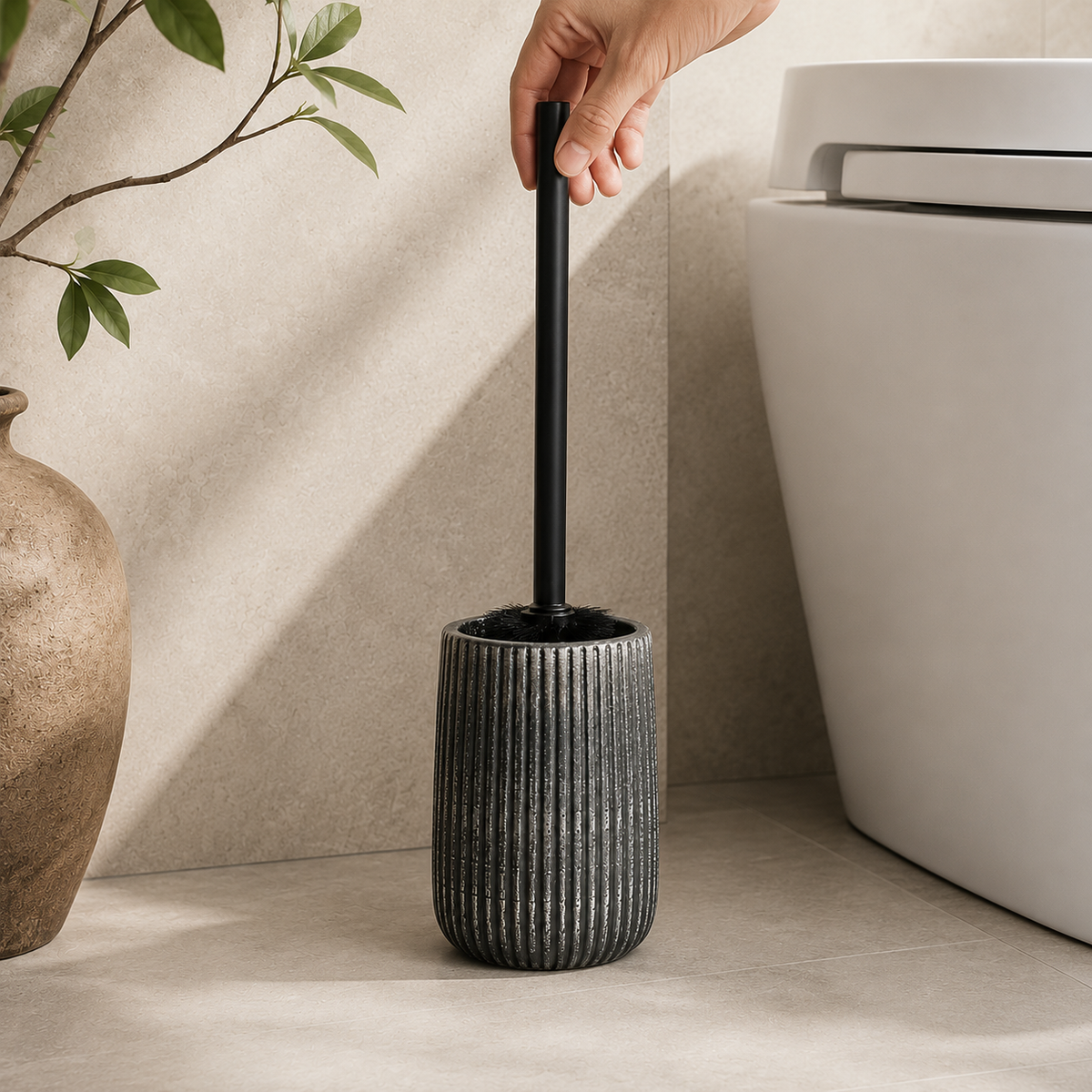 Ribbed Ceramic Toilet Brush & Holder
