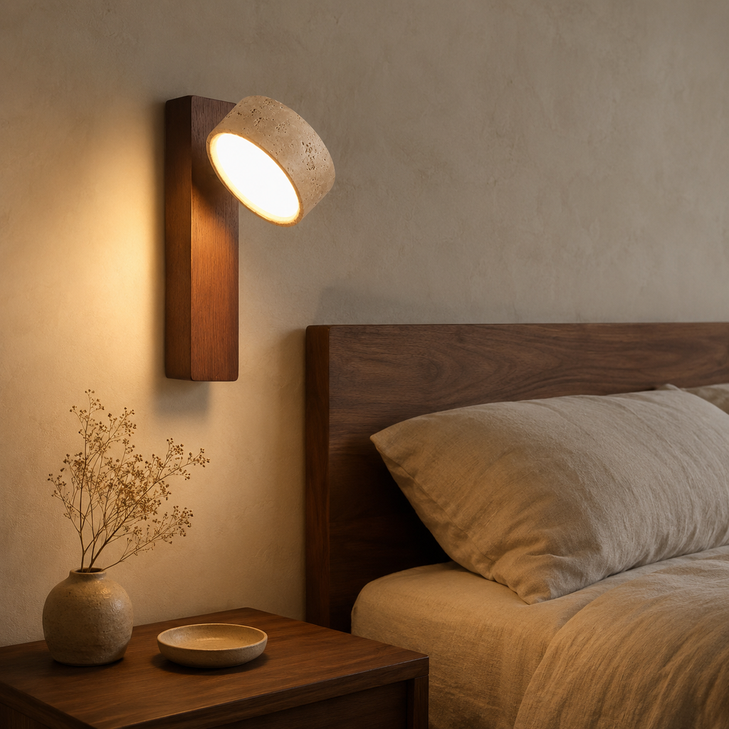 Rotating Travertine & Walnut LED Wall Lamp
