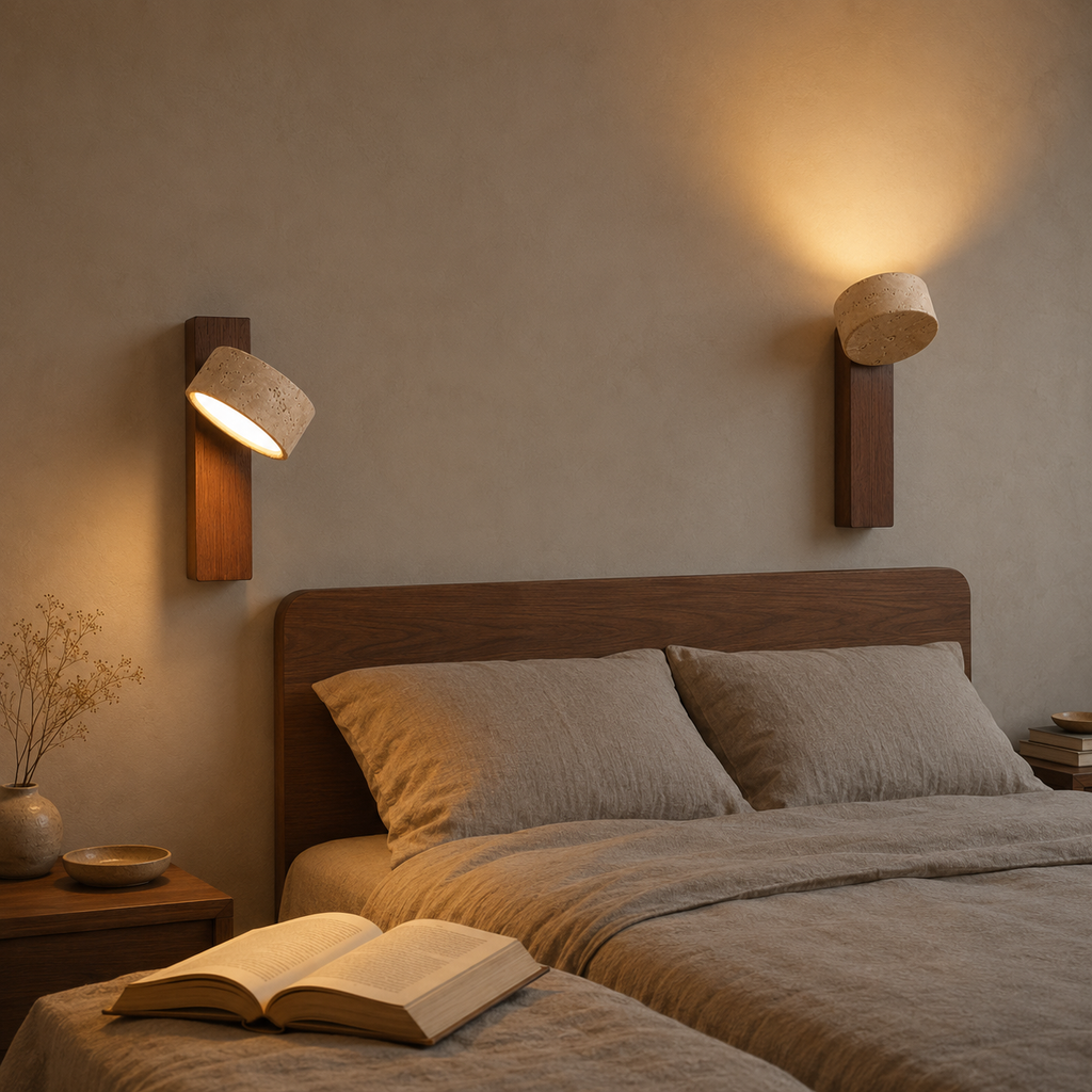 Rotating Travertine & Walnut LED Wall Lamp