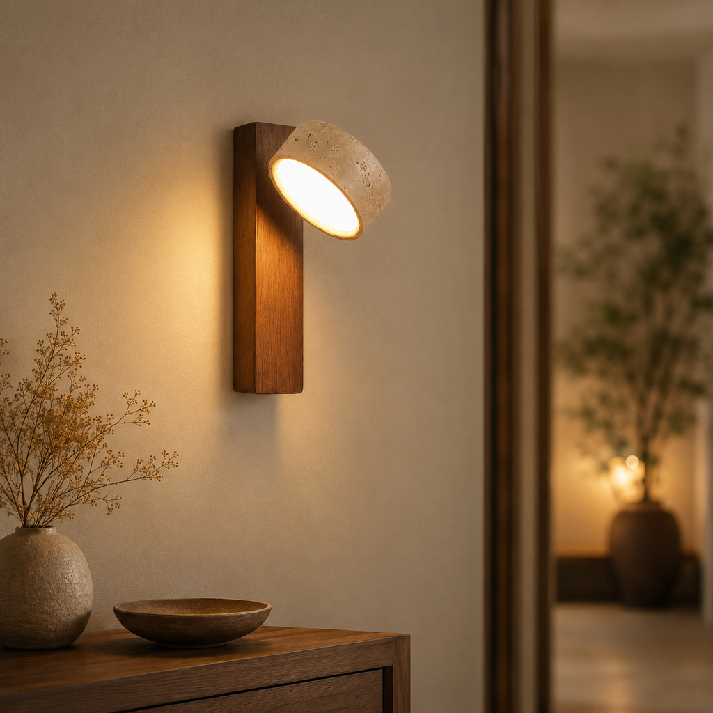 Rotating Travertine & Walnut LED Wall Lamp