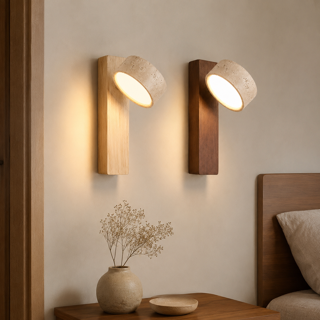 Rotating Travertine & Walnut LED Wall Lamp