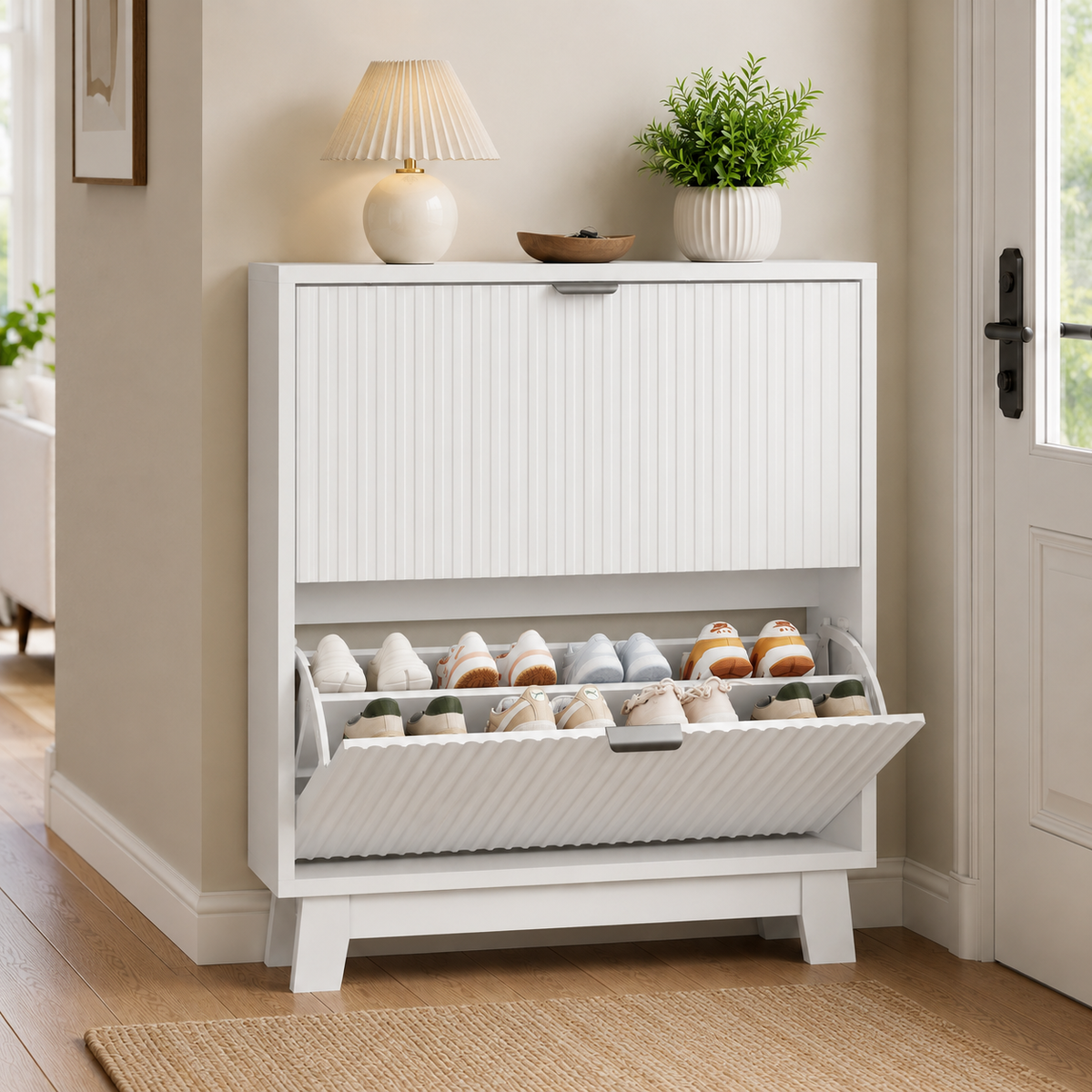 Fluted Shoe Cabinet with Flip Drawers