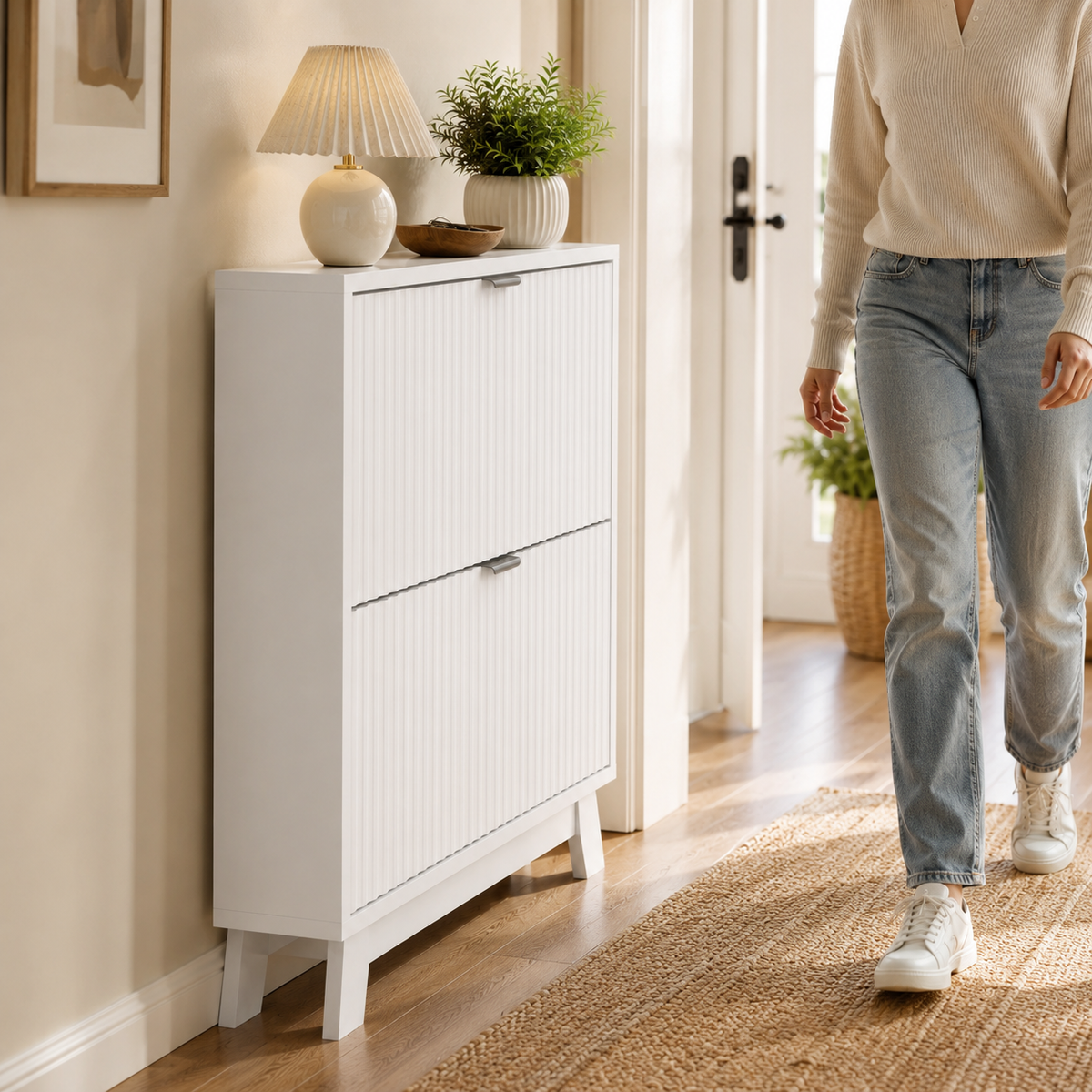 Fluted Shoe Cabinet with Flip Drawers
