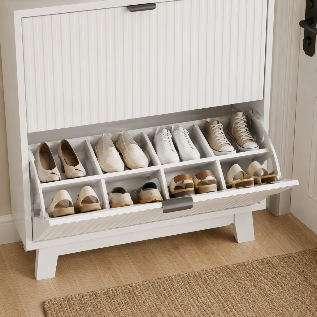 Fluted Shoe Cabinet with Flip Drawers