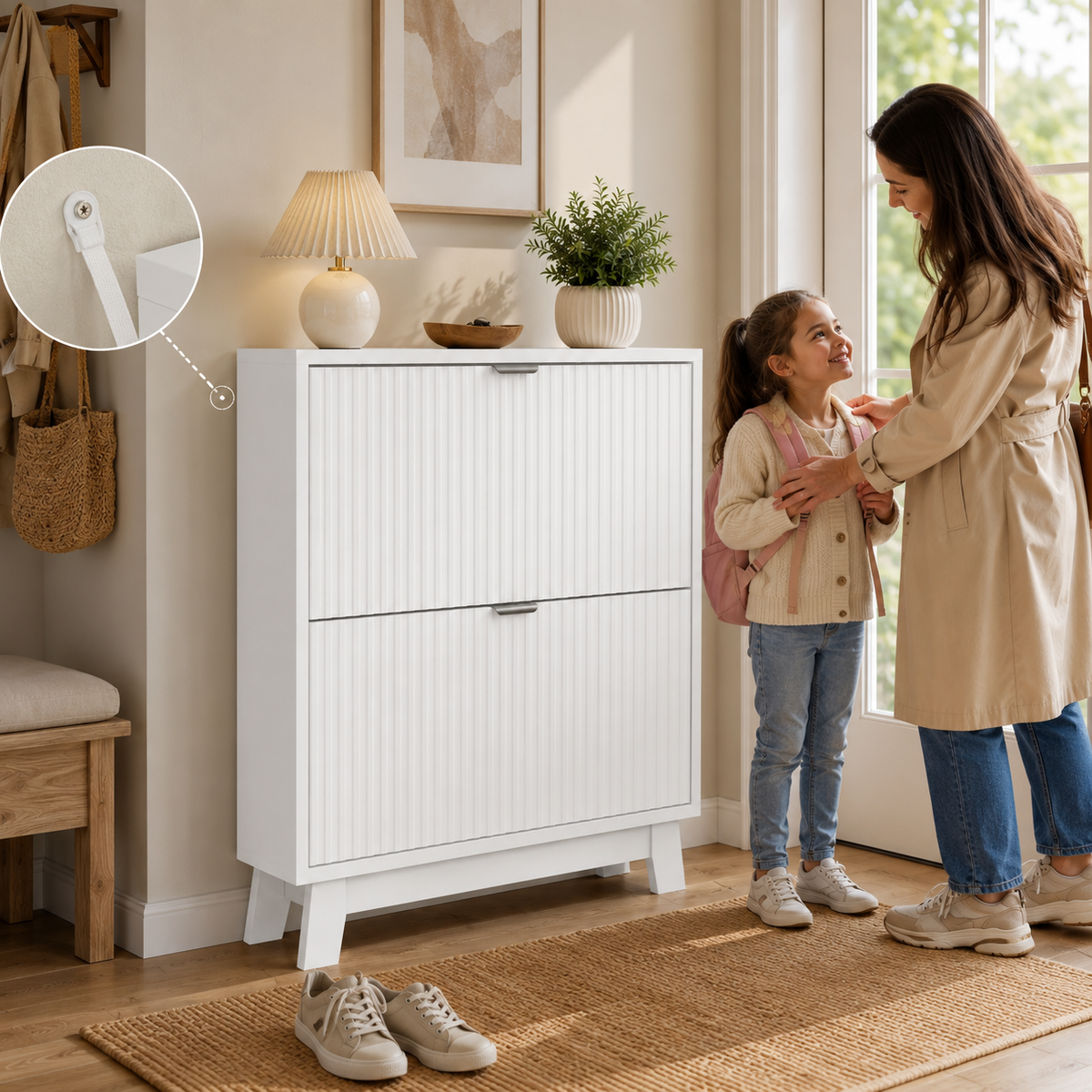 Fluted Shoe Cabinet with Flip Drawers