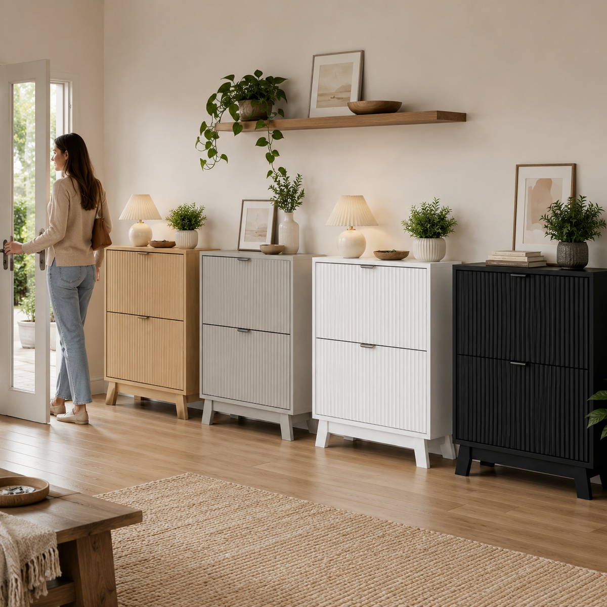 Fluted Shoe Cabinet with Flip Drawers