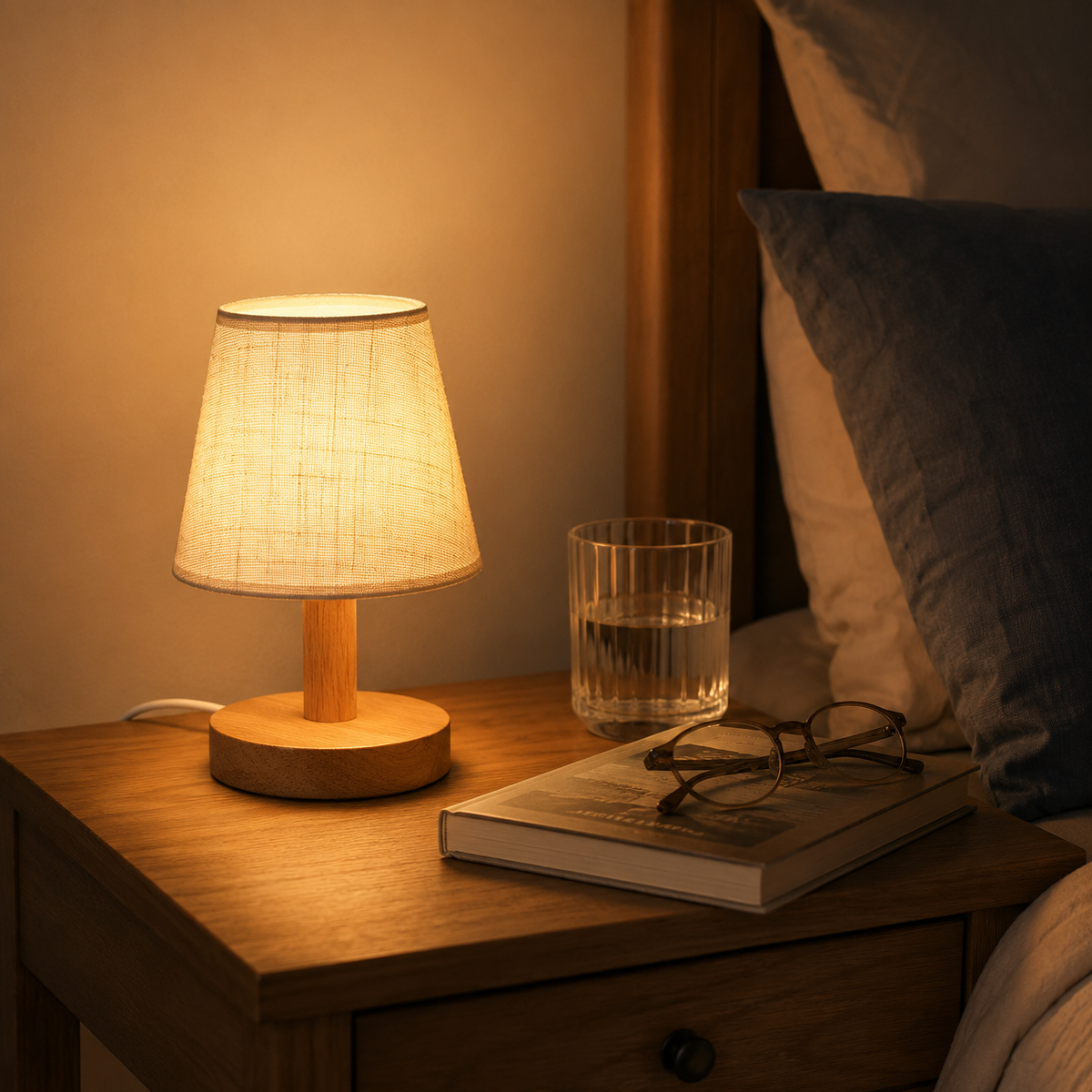 Linen Shade Wooden Table Lamp