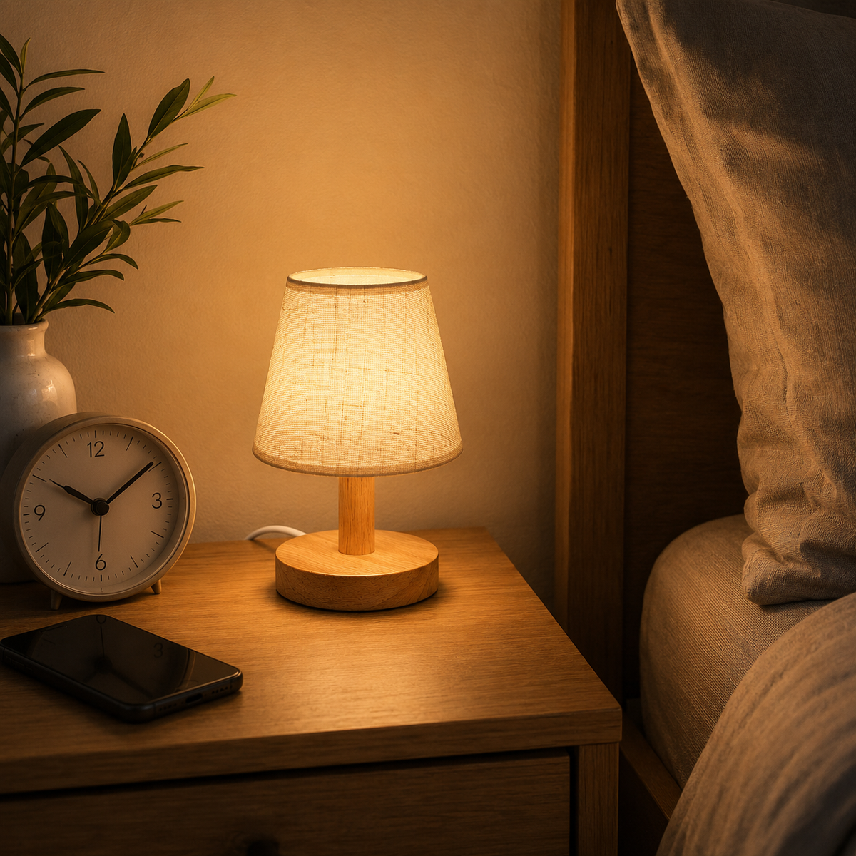 Linen Shade Wooden Table Lamp