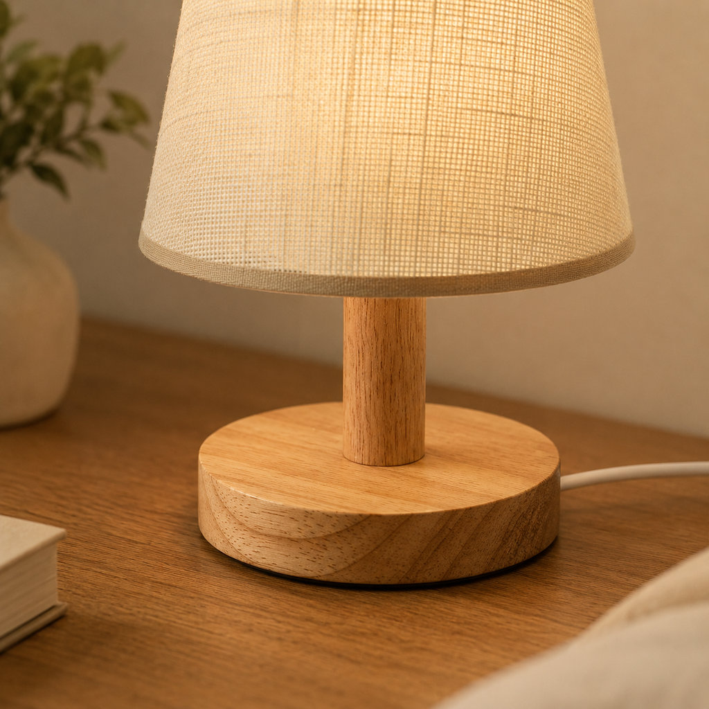 Linen Shade Wooden Table Lamp
