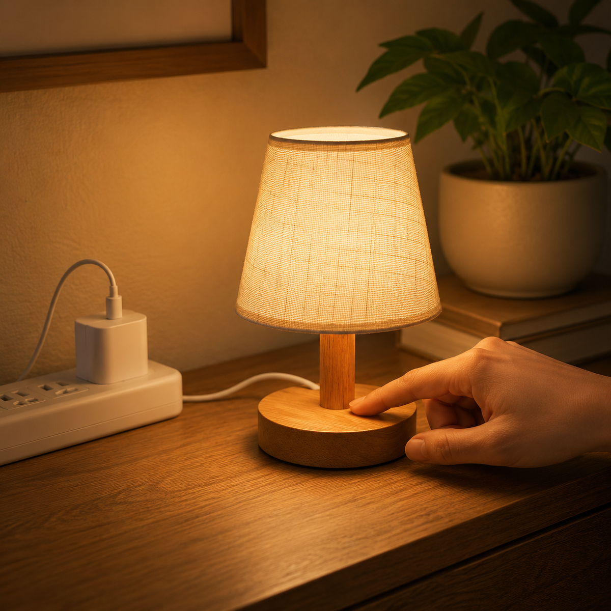 Linen Shade Wooden Table Lamp