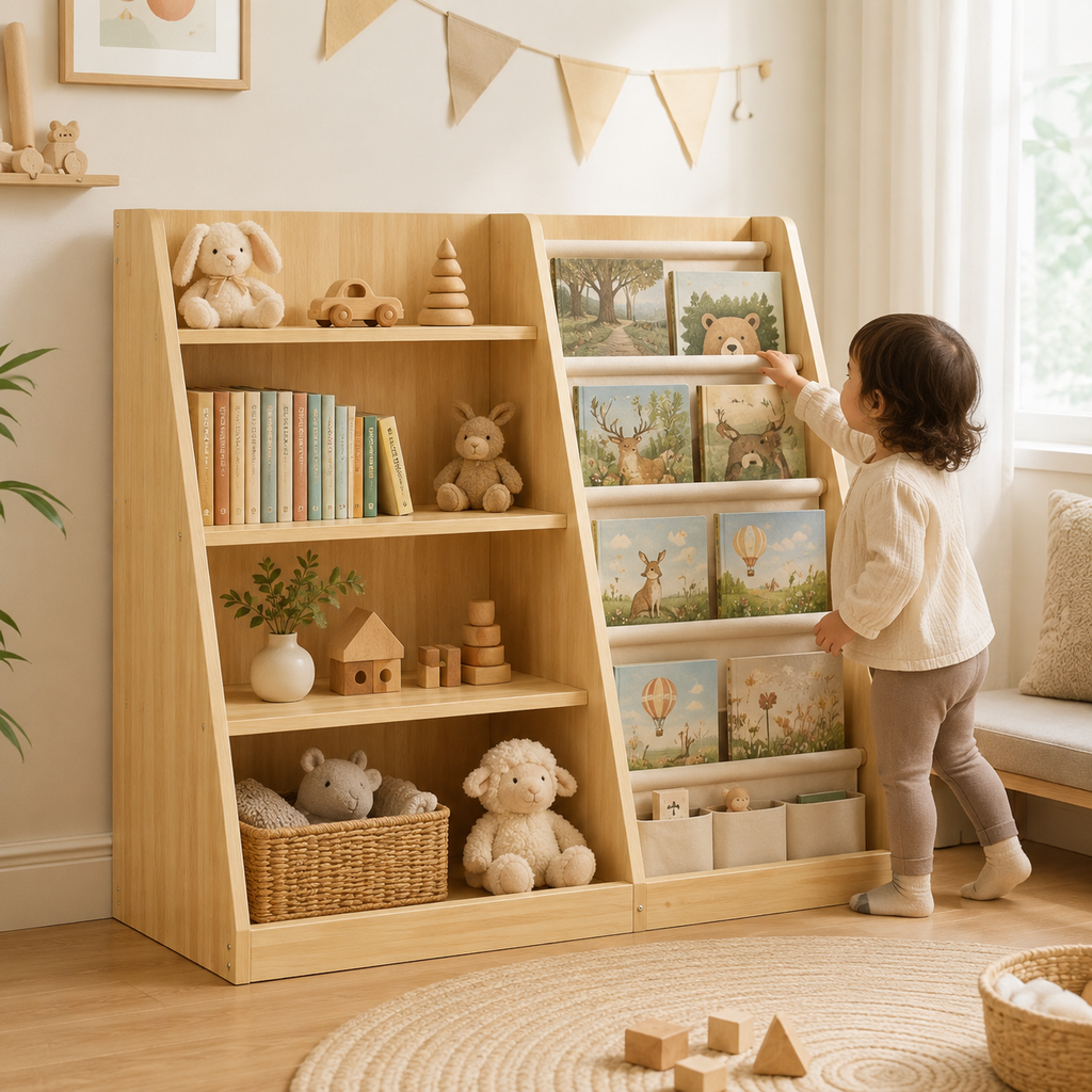 Kids Pine Bookshelf with Sling Book Rack
