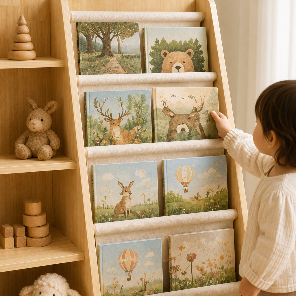 Kids Pine Bookshelf with Sling Book Rack