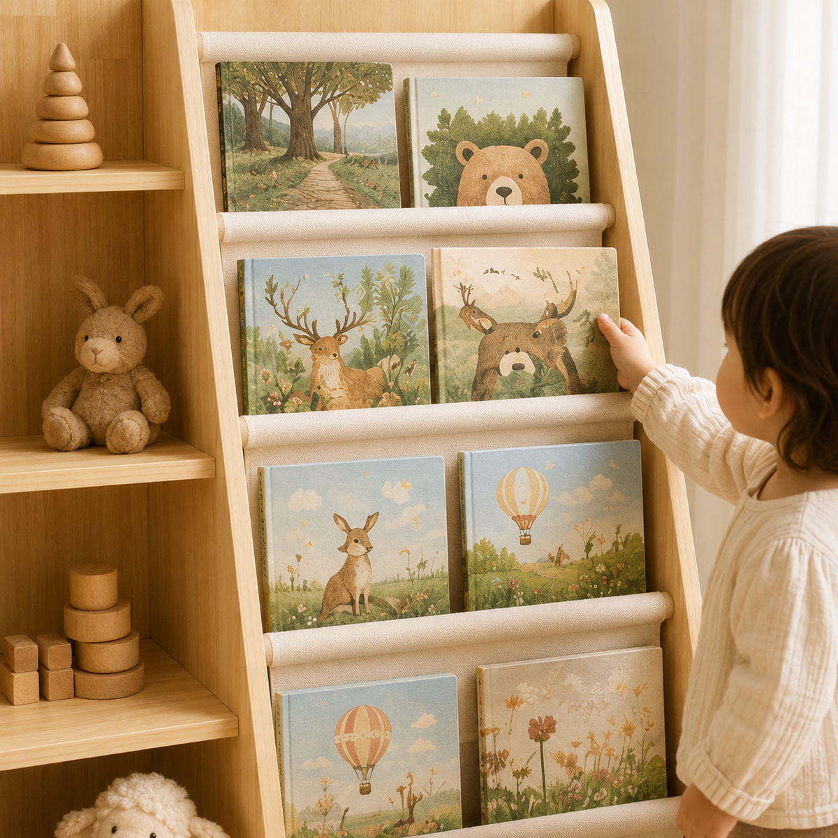 Kids Pine Bookshelf with Sling Book Rack