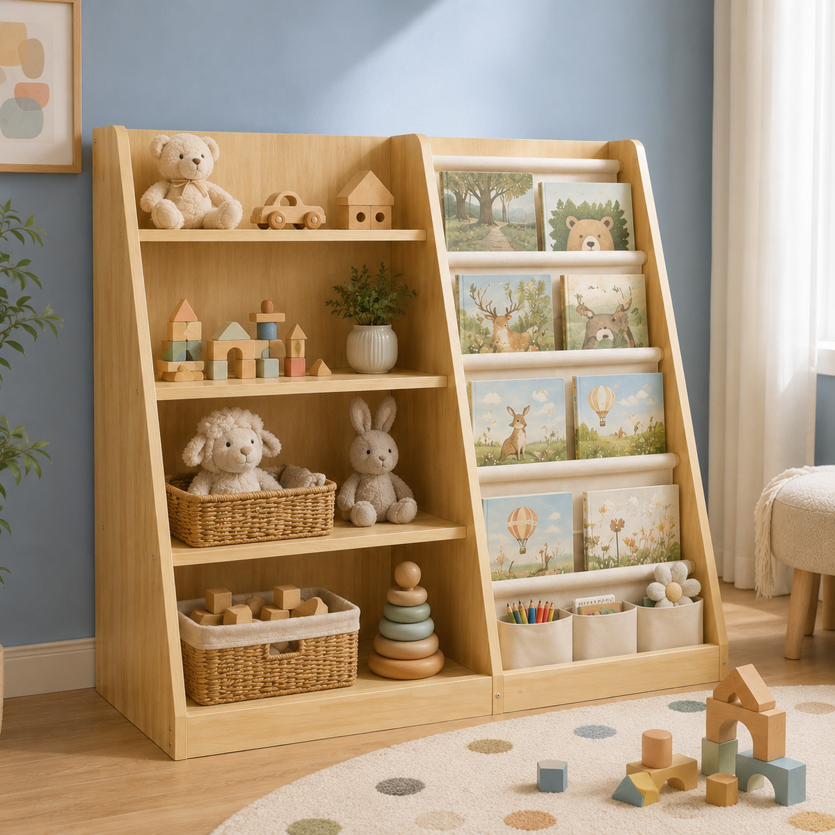 Kids Pine Bookshelf with Sling Book Rack