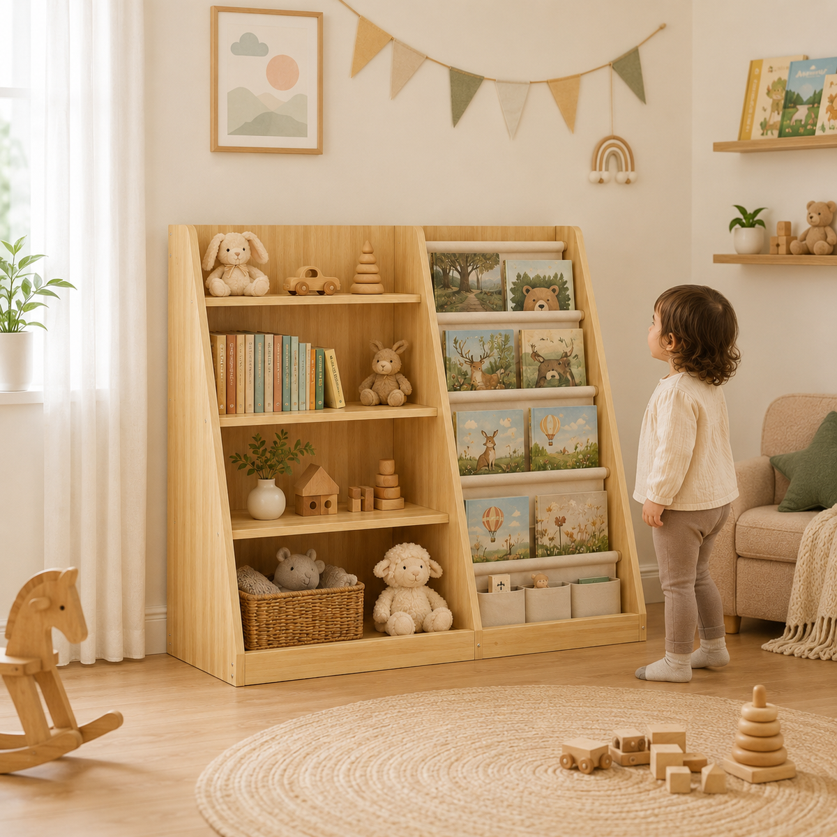 Kids Pine Bookshelf with Sling Book Rack