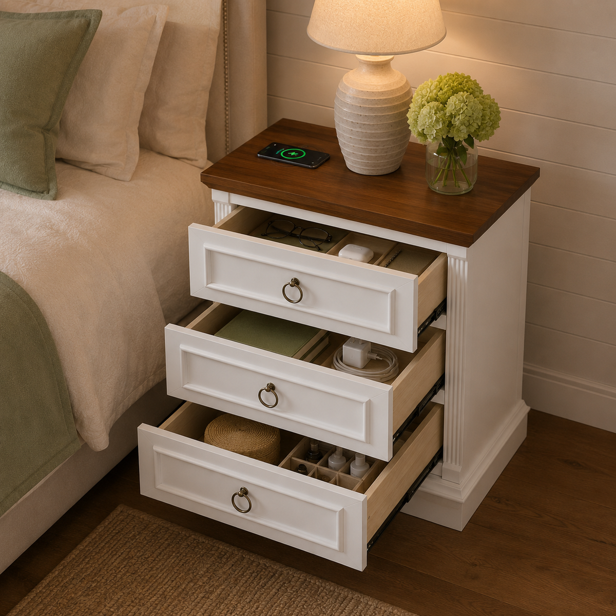 Farmhouse Nightstand Set with Charging Station