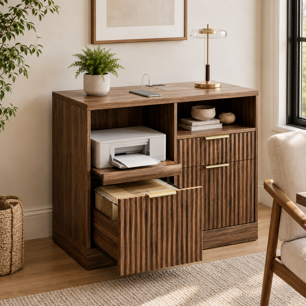 Fluted Walnut File Cabinet