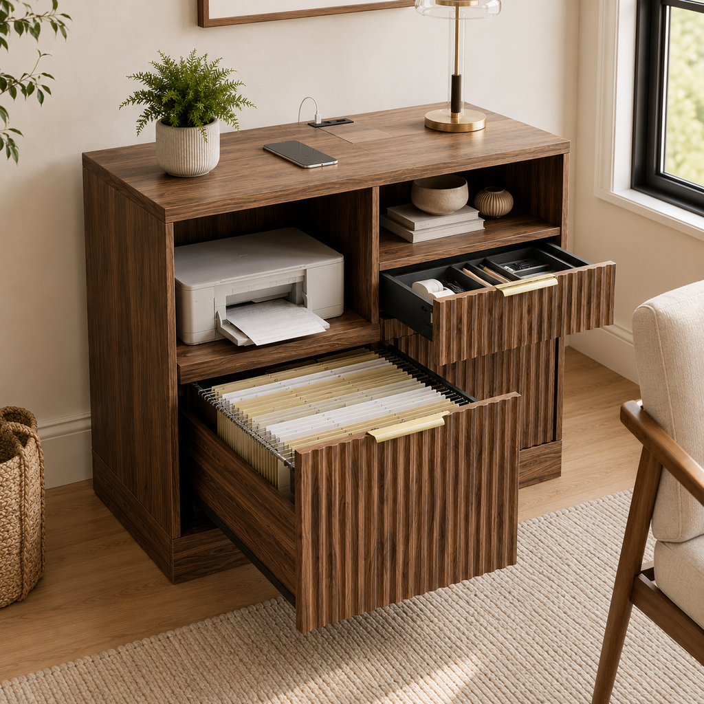 Fluted Walnut File Cabinet