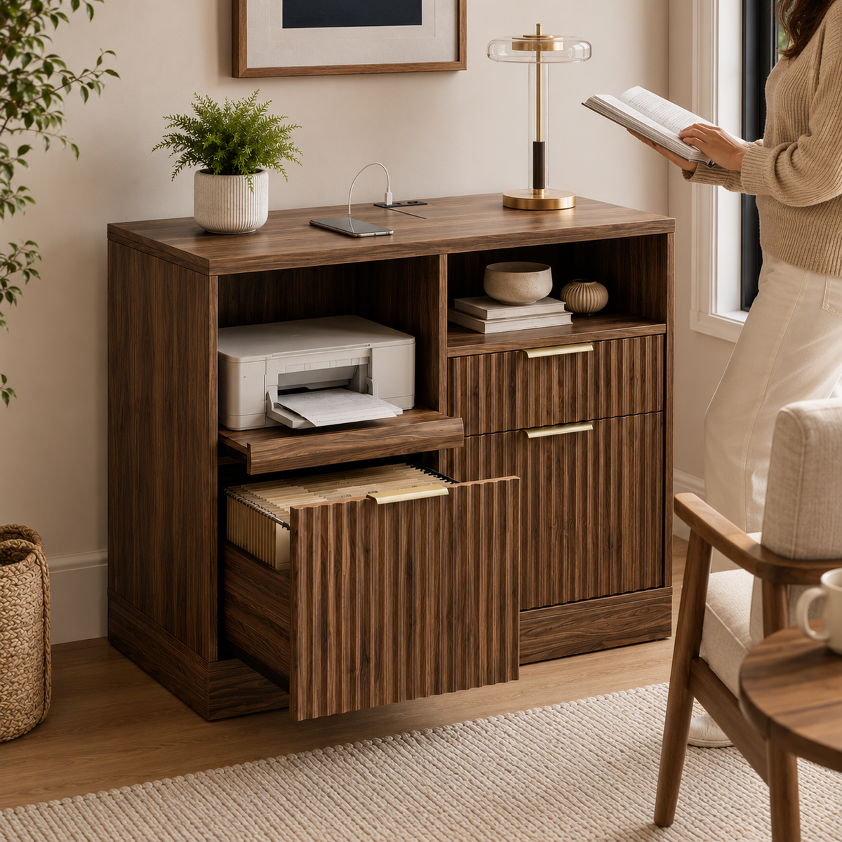 Fluted Walnut File Cabinet