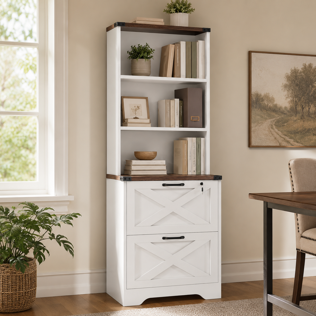 Farmhouse 2-Drawer File Cabinet with Hutch