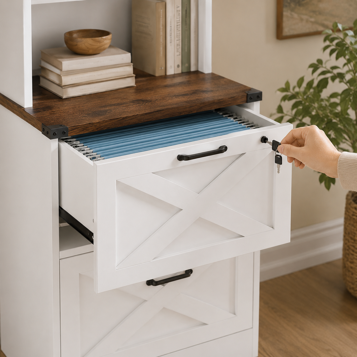 Farmhouse 2-Drawer File Cabinet with Hutch