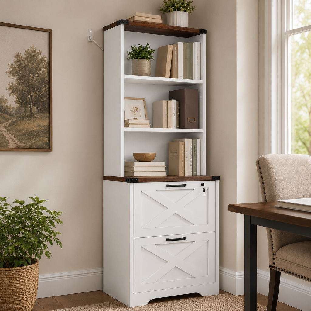 Farmhouse 2-Drawer File Cabinet with Hutch