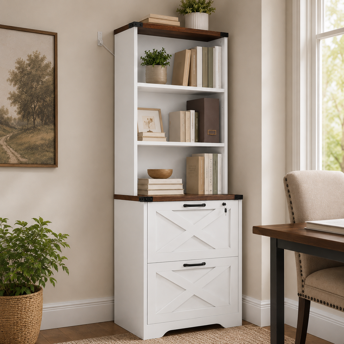 Farmhouse 2-Drawer File Cabinet with Hutch