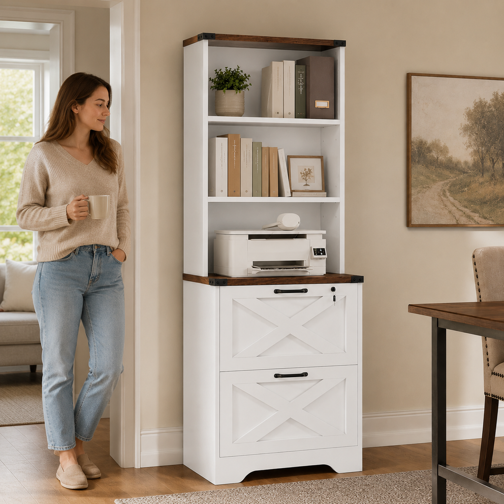 Farmhouse 2-Drawer File Cabinet with Hutch