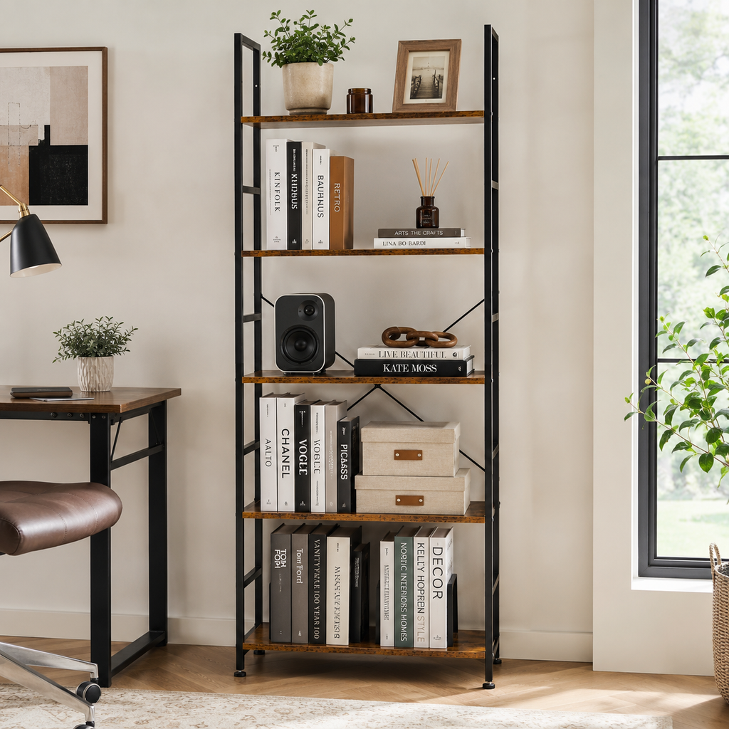 Industrial 5-Tier Metal-Frame Bookshelf