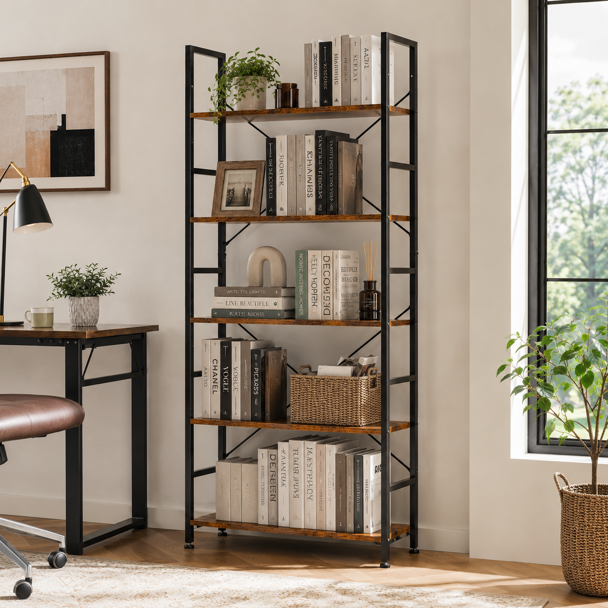 Industrial 5-Tier Metal-Frame Bookshelf