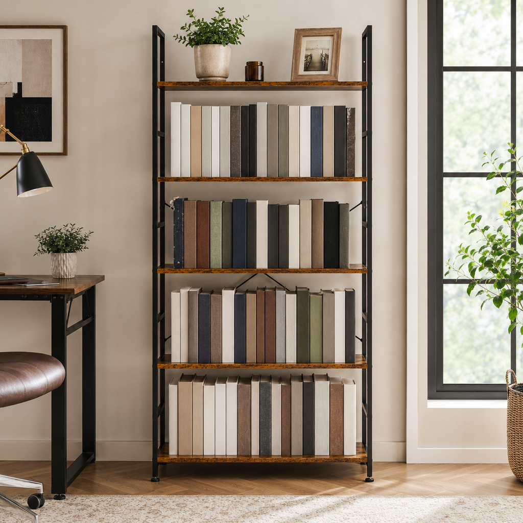 Industrial 5-Tier Metal-Frame Bookshelf
