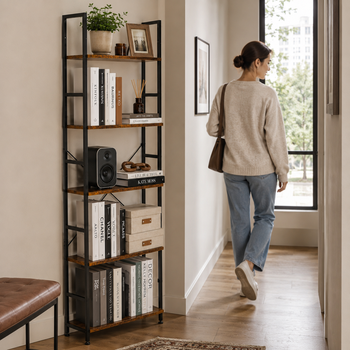 Industrial 5-Tier Metal-Frame Bookshelf
