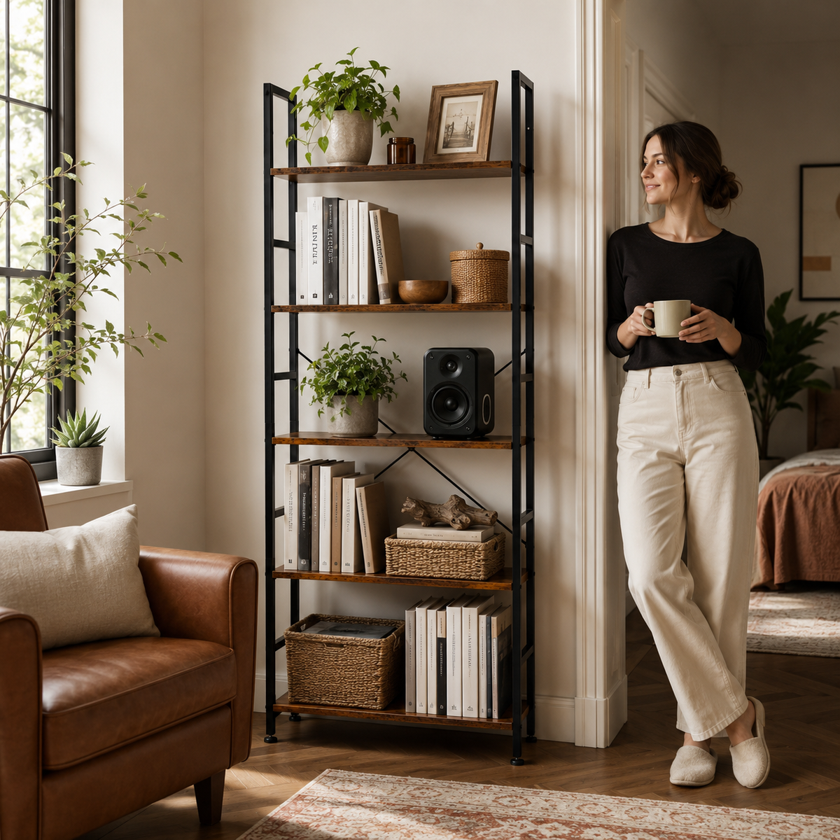Industrial 5-Tier Metal-Frame Bookshelf