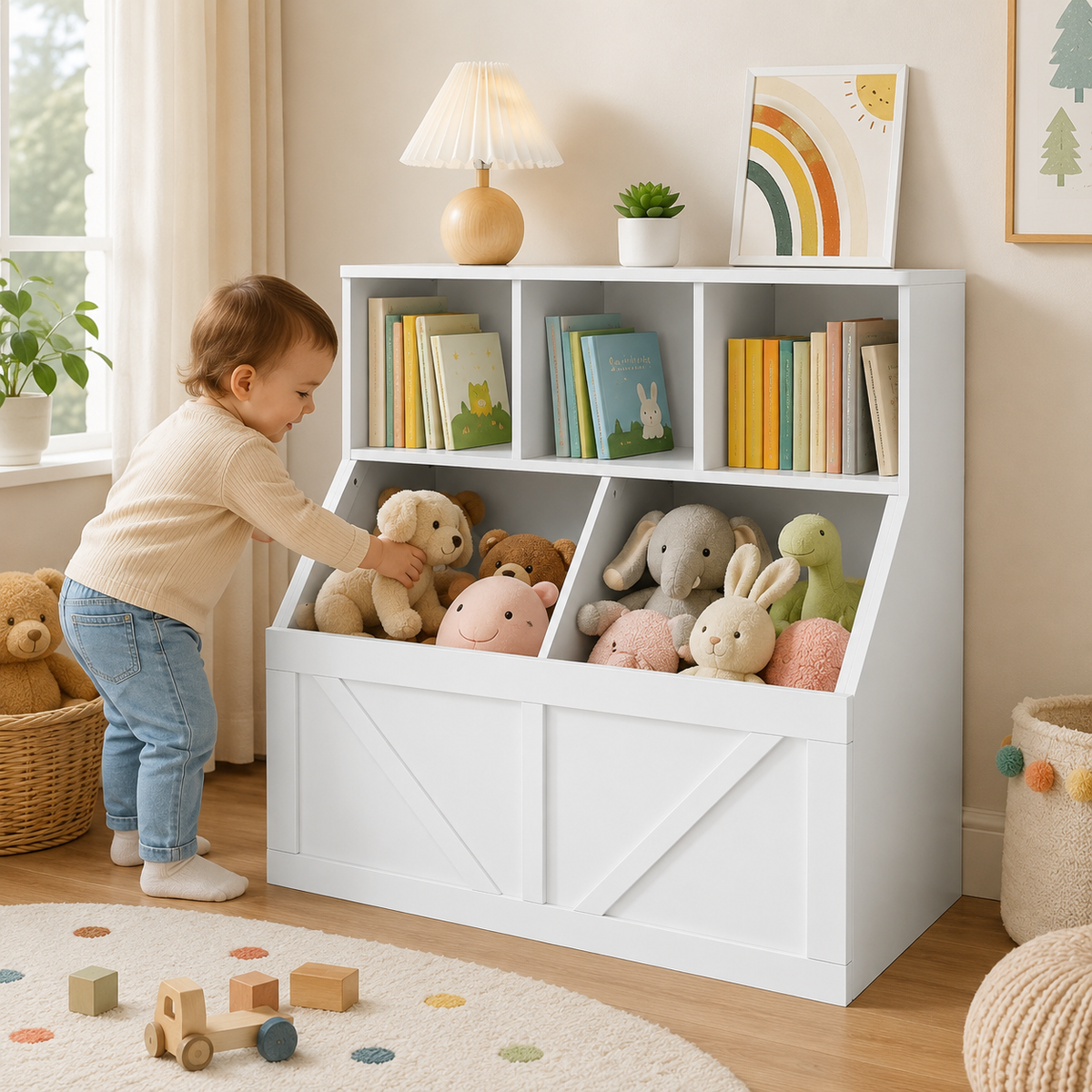 3-Cubby Kids Bookshelf with 2 Toy Bins