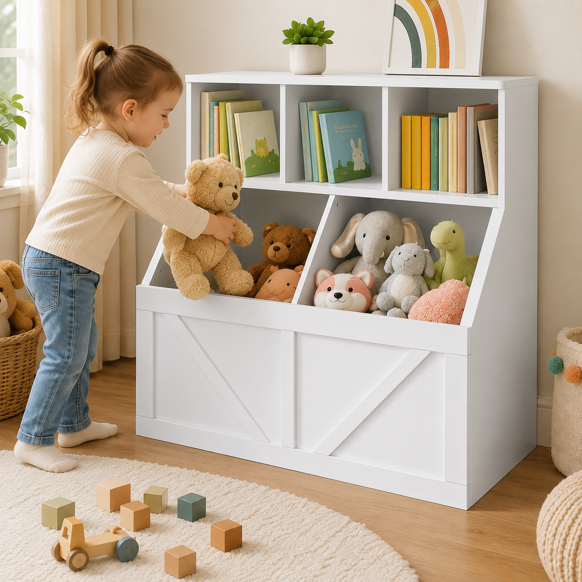 3-Cubby Kids Bookshelf with 2 Toy Bins