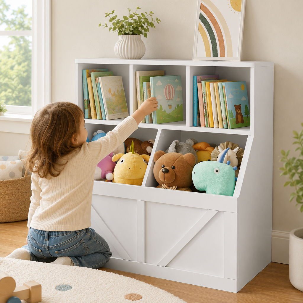 3-Cubby Kids Bookshelf with 2 Toy Bins