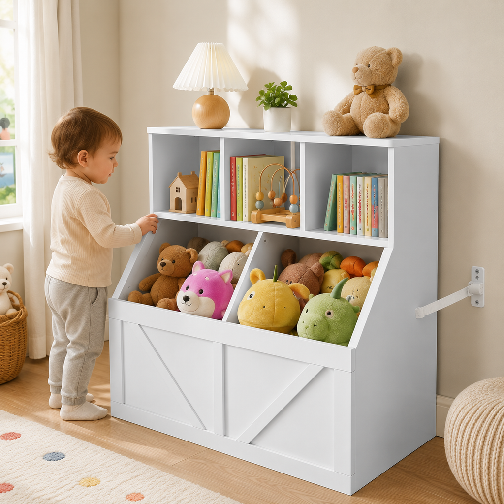 3-Cubby Kids Bookshelf with 2 Toy Bins