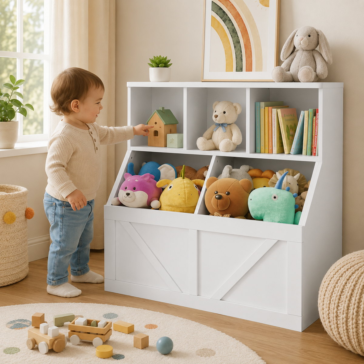 3-Cubby Kids Bookshelf with 2 Toy Bins