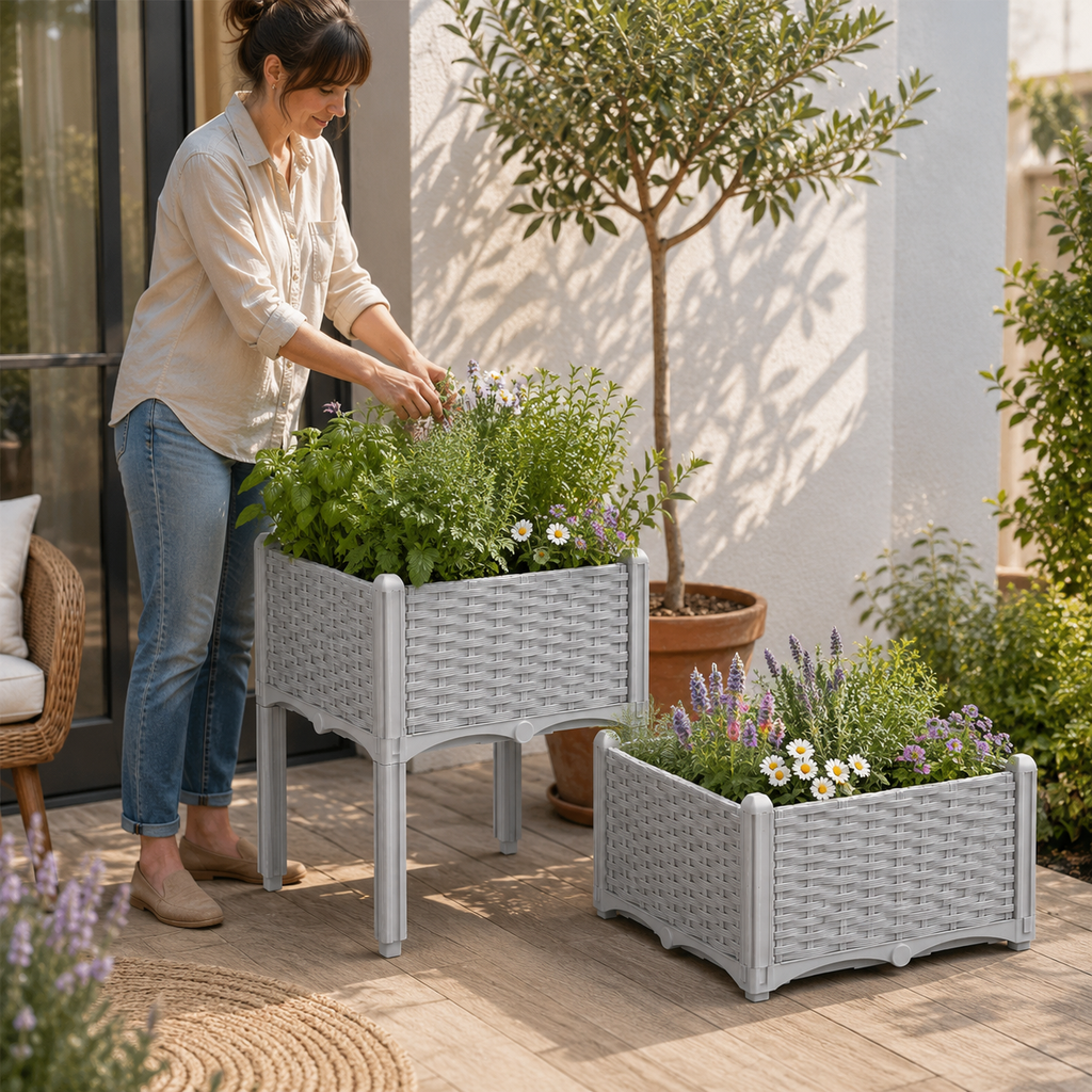 Elevated Rattan-Style Planter Box, Set of 2