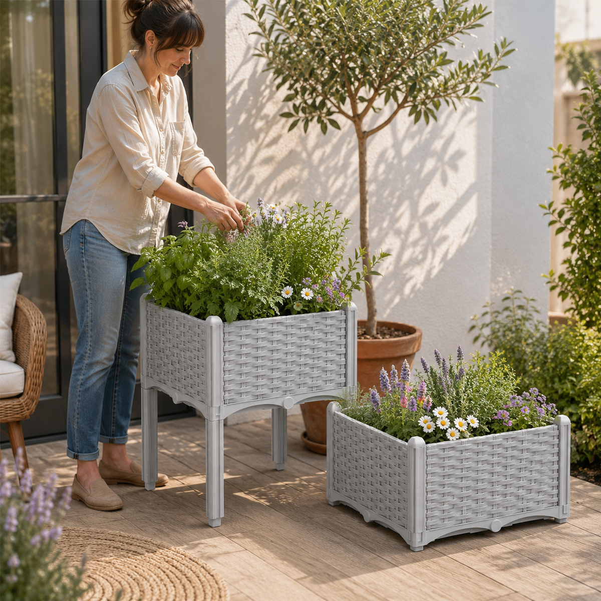 Elevated Rattan-Style Planter Box, Set of 2