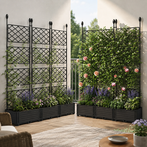 3-Box Raised Planter with Trellis Privacy Screen