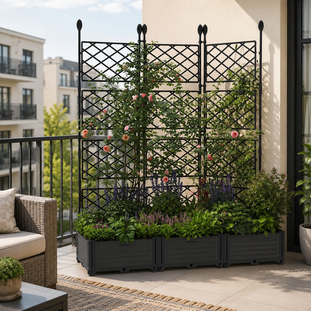 3-Box Raised Planter with Trellis Privacy Screen
