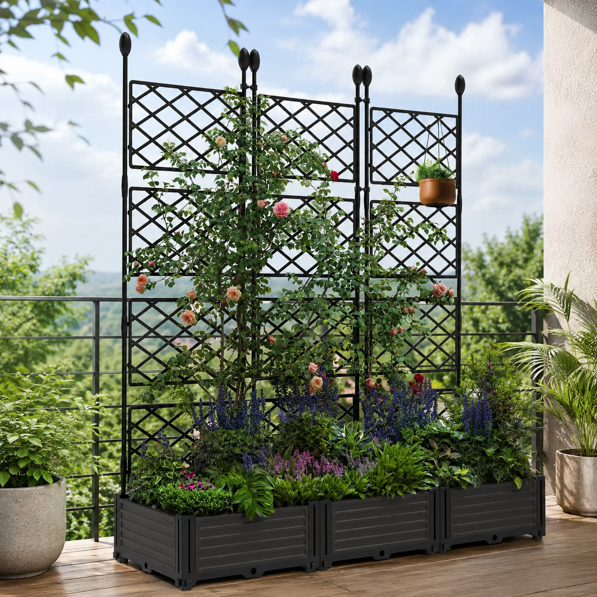3-Box Raised Planter with Trellis Privacy Screen