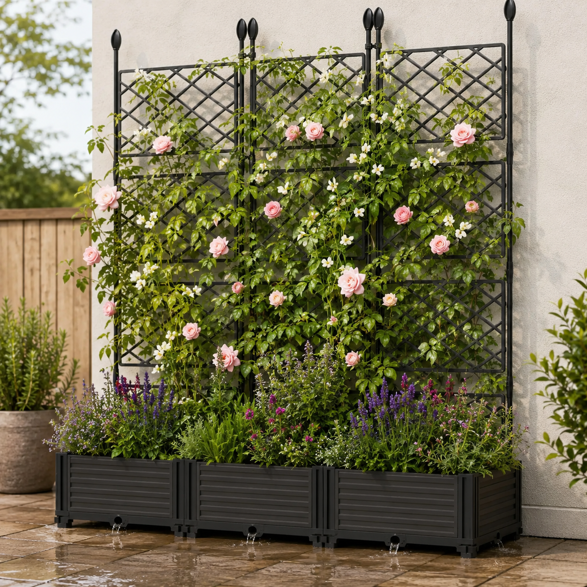 3-Box Raised Planter with Trellis Privacy Screen