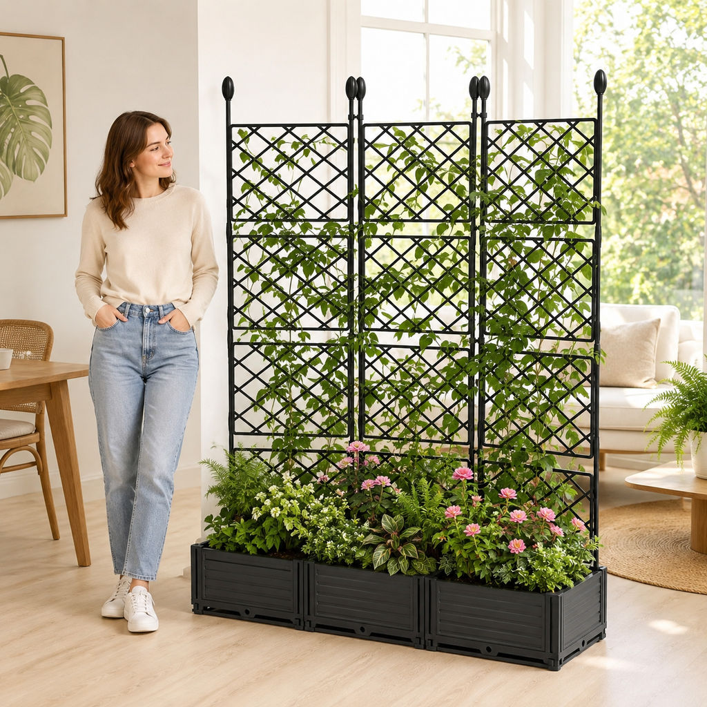 3-Box Raised Planter with Trellis Privacy Screen